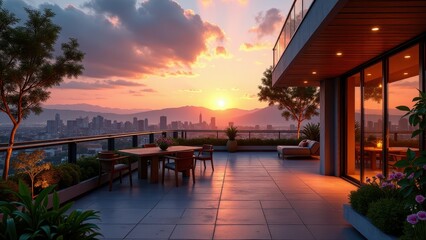 Modern urban rooftop garden with lush greenery, seating areas, and evening lights	