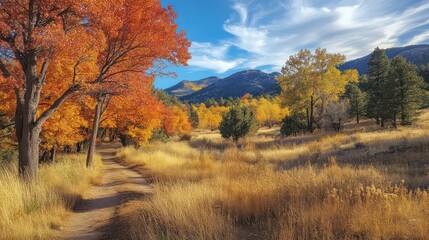 Scenic autumn path through vibrant fall foliage and golden meadow.