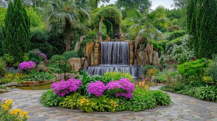 Serene garden waterfall with vibrant flowers.