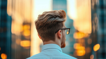 Fototapeta premium Confident man in glasses looking at cityscape during sunset, reflecting ambition and determination