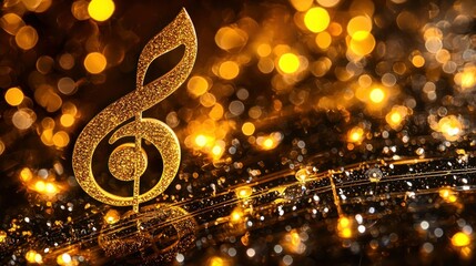 Golden treble clef on musical notes with bokeh lights