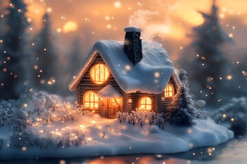 Fototapeta premium winter cabin covered in snow, glowing under an aurora