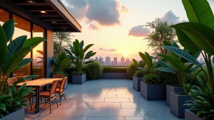 Modern urban rooftop garden with desert plants, cacti, and mountain view	