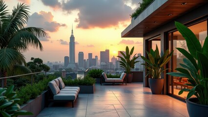 Fototapeta premium Modern urban rooftop garden with desert plants, cacti, and mountain view 
