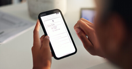 Hands, phone screen and person with flight booking for trip planning, ticket information or holiday destination. Closeup display, smartphone or travel agency webpage for vacation or New York location