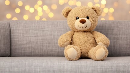 A cute teddy bear sits on a cozy gray couch, surrounded by a soft, warm background with shimmering lights.