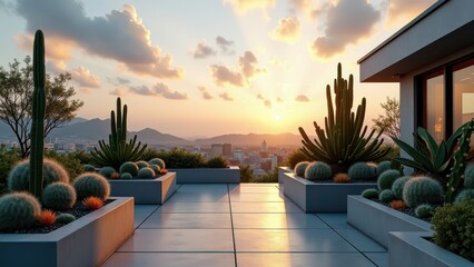 Fototapeta premium Modern rooftop garden with desert plants, succulents, cacti, and mountain view 