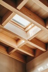 Close-up of a wooden ceiling, showcasing the interior architecture with wooden beams and sunlight streaming through a skylight. 