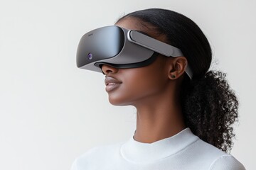 Focused Black Woman Experiencing Virtual Reality &ndash; Close-Up on White Background