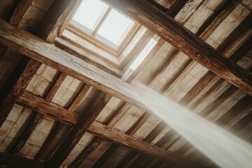 Fototapeta premium Close-up of a wooden ceiling, showcasing the interior architecture with wooden beams and sunlight streaming through a skylight. 
