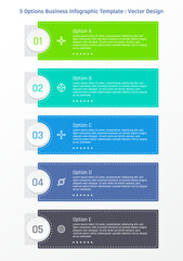 5 options business infographic template, simple rectangular bar with number in circle frame, also with dash line and symbols