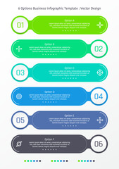6 options business infographic template, theme of linked round corner rectangular bar and circle frame with number, also with symbols