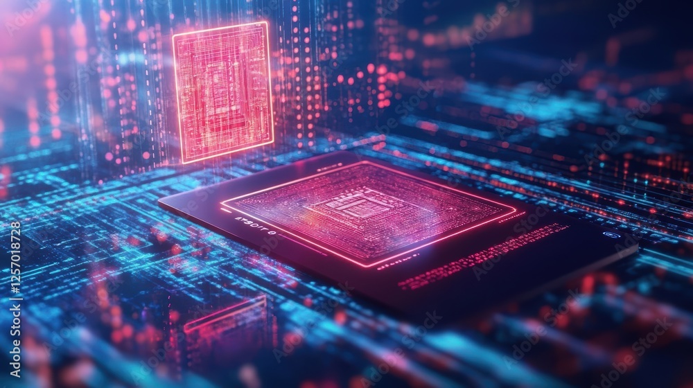 Poster Processor chip on a circuit board with a blue and pink abstract background design
