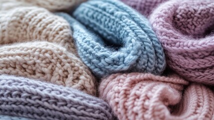 Pile of Knitted Sweaters, Soft Colors, Close Up