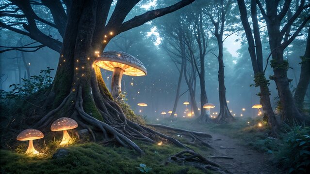mystical enchanted forest at twilight, glowing bioluminescent mushrooms illuminating the surroundings, magical fireflies floating in the air, ancient trees with twisted roots - Powered by Adobe