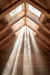 Close-up of a wooden ceiling, showcasing the interior architecture with wooden beams and sunlight streaming through a skylight. 