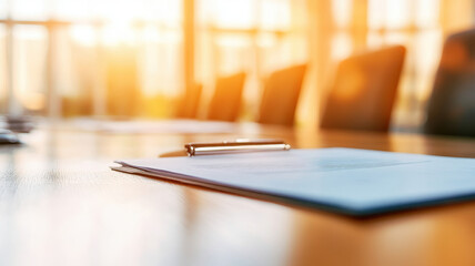 pen rests on document in sunlit conference room, creating warm atmosphere for discussions