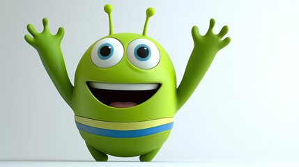Cheerful green cartoon alien character with outstretched arms, celebrating in a bright studio setting