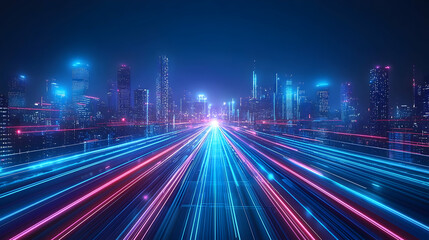 Fototapeta premium Futuristic city highway at night, glowing lights