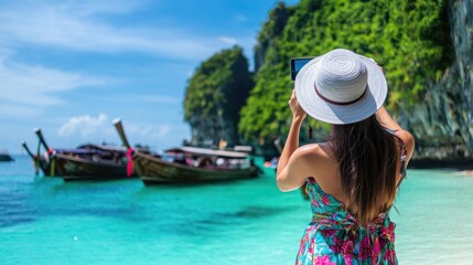 Fototapeta premium Woman Capturing Tropical Paradise with Her Phone