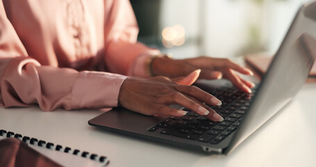 Naklejka premium Hands, keyboard and woman in office with laptop, market research or web review for online project stats. Proposal, data analysis or businesswoman at desk typing email, report or business intelligence