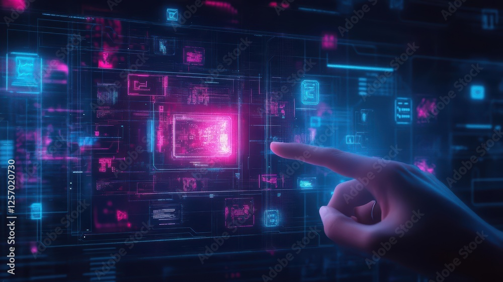 Poster Hand interacting with digital touchscreen interface in modern technology setting