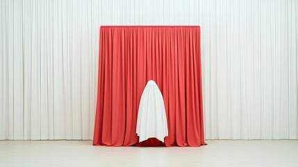 A serene scene featuring a ghostly figure in a white sheet standing before a red curtain backdrop