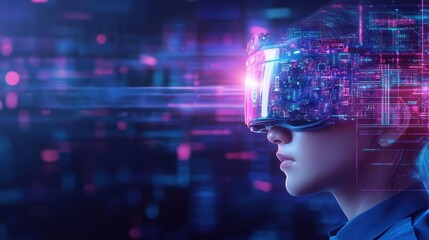 Woman wearing virtual reality headset engaged in immersive digital experience at home or office