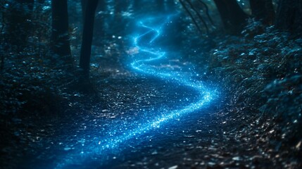 Fototapeta premium Enchanting Blue Light Trail in Dark Forest at Night