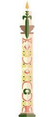 A decorative digital illustration of a tall, ornate candle with intricate traditional patterns in warm earthy tones.