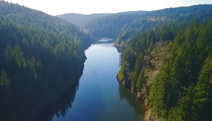 Aerial view of a calm river winding through a lush forest.  Possible use for nature photography stock