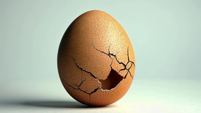 A cracked brown egg revealing its inner surface, showcasing fragility.