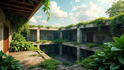 Fototapeta premium Abandoned rooftop garden with overgrown plants, weathered structures, and city skyline view 