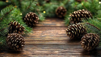 Festive Pine Cones and Branches on Rustic Wood