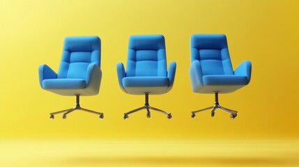 Obraz premium Three blue office chairs levitate against yellow