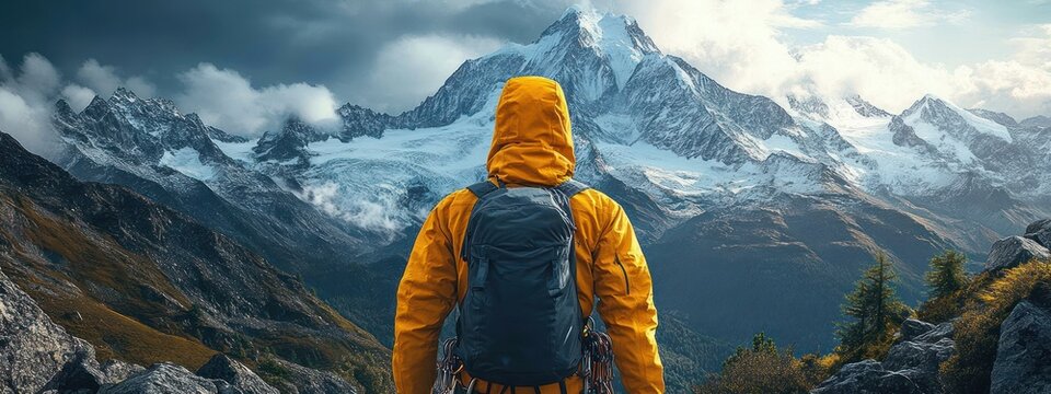 Solo Climber in Yellow Jacket Against Snow-Capped Mountains at Sunset