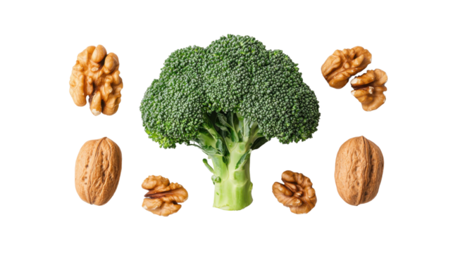 Fresh broccoli surrounded by walnuts on a white background, showcasing healthy food ingredients.