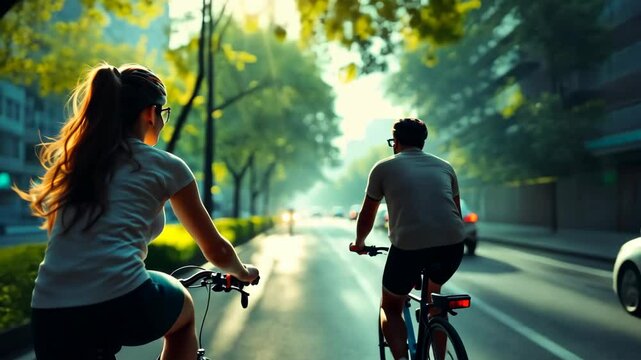 Morning urban cycling through sunlit city streets