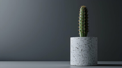 Single cactus in pot, grey background, minimalist