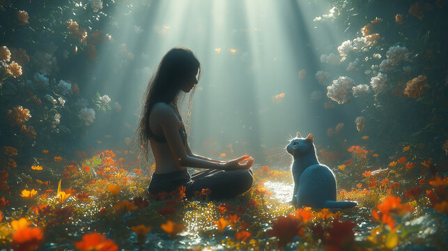 A woman meditates amidst a vibrant floral meadow, bathed in sunlight, with a cat standing beside her.