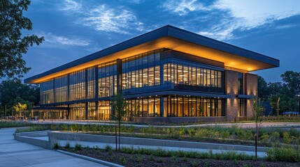 Obraz premium Modern office building twilight campus landscape