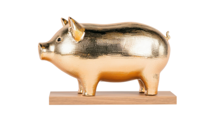 Golden piggy bank on a wooden base representing wealth and savings.