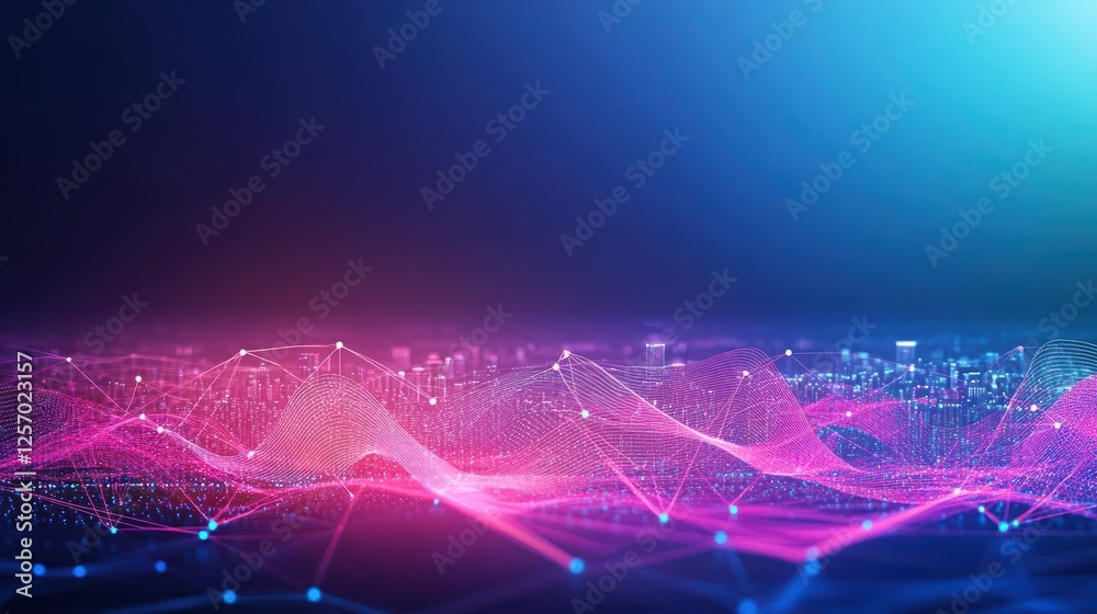 Poster Futuristic cityscape featuring a network of interconnected lines and modern architectural structures