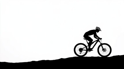 Fototapeta premium Silhouette of a cyclist ascending a hill against a stark white background, showcasing determination