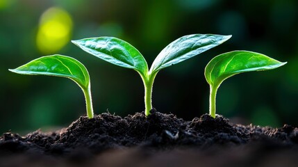 Three Young Seedlings Emerging from Rich Soil in Soft Sunlight