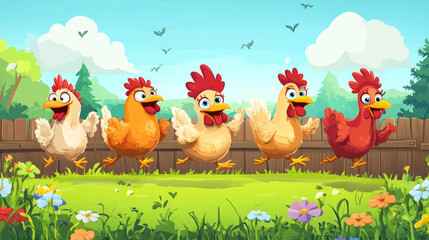 Naklejka premium Charming animated chickens dance playfully in a vibrant garden colorful environment fun concept for kids