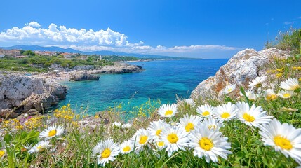 Coastal daisies, sunny beach cove, clear water, mountains. Travel postcard