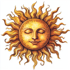 Golden Sunshine Illustration Art: Vintage Solar Symbol with Vibrant Rays, Warmth, and Whimsical Celestial Energy