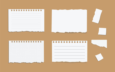Torn white paper scraps cartoon illustration set. Ragged square pieces of notebook sheets. Ripped empty notes or memo, blank damaged notepaper with shred edges. Scrapbook concept. Blank vector paper.
