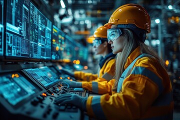 Engineers Analyzing Data in Modern Control Room Using AI and Digital Technology in Smart Factory